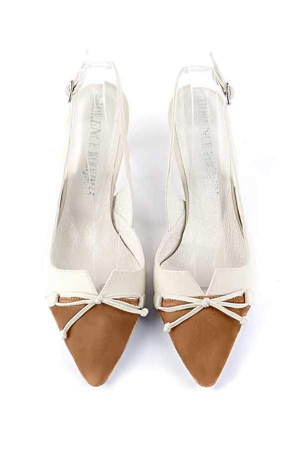 Camel beige and off white women's open back shoes, with a knot. Tapered toe. Medium spool heels. Top view - Florence KOOIJMAN